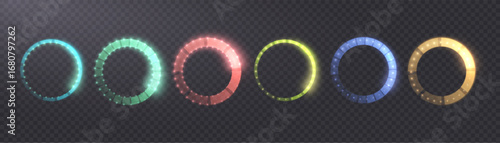 A set of glowing multicolored rings with shimmering particles and bright aura on a transparent background. Suitable for sci-fi, HUD, overlays, portals, digital interfaces, fantasy art and game design.