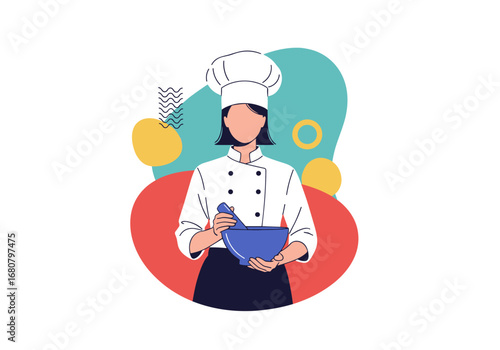 A skilled chef in a crisp white uniform expertly prepares ingredients in a blue bowl during a culinary demonstration