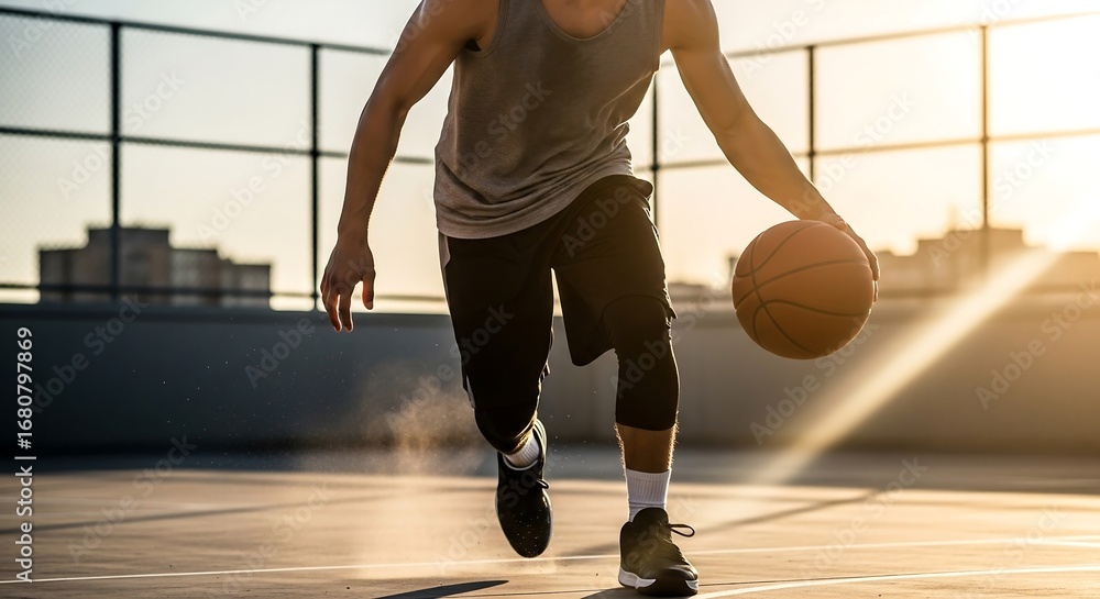Naklejka premium Male basketball athlete sprinting with ball on outdoor urban court, cinematic street sports photography for dynamic lifestyle stock