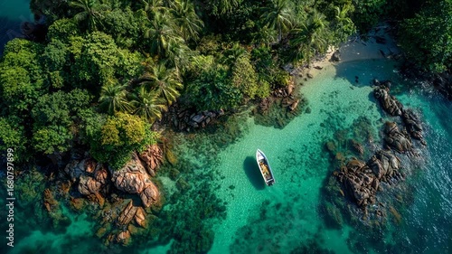 Aerial View of Crystal Clear Waters and Lush Tropical Island Landscape