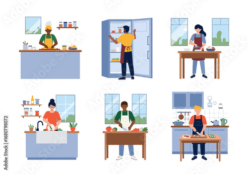 Diverse Group of People Engaged in Various Kitchen Activities Demonstrating Culinary Skills and Food Preparation Techniques