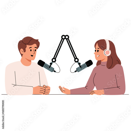 Podcast Interview Illustration – Cartoon Clipart of Two Hosts with Microphones and Headset Setup