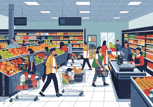 Diverse shoppers select fresh produce and groceries from well-stocked shelves in a brightly lit modern supermarket environment