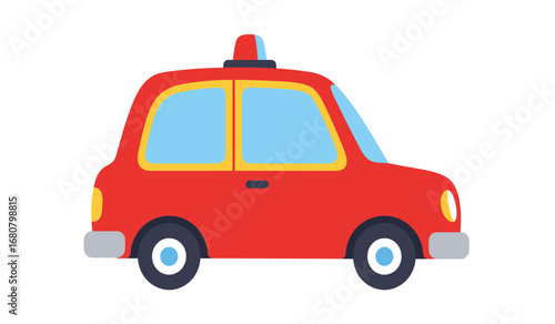 A charming cartoon illustration of a bright red emergency vehicle with blue windows and a flashing red light on top against a clean white background
