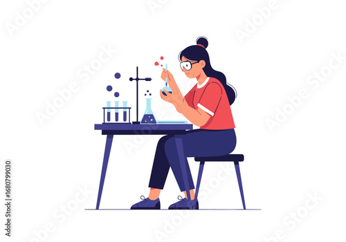 Young female scientist conducting a fascinating chemical experiment with bubbling liquids and scientific equipment in a laboratory setting