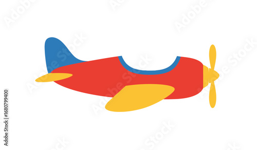 A charming and colorful cartoon illustration of a classic red biplane with a blue tail and yellow wings ready for adventure