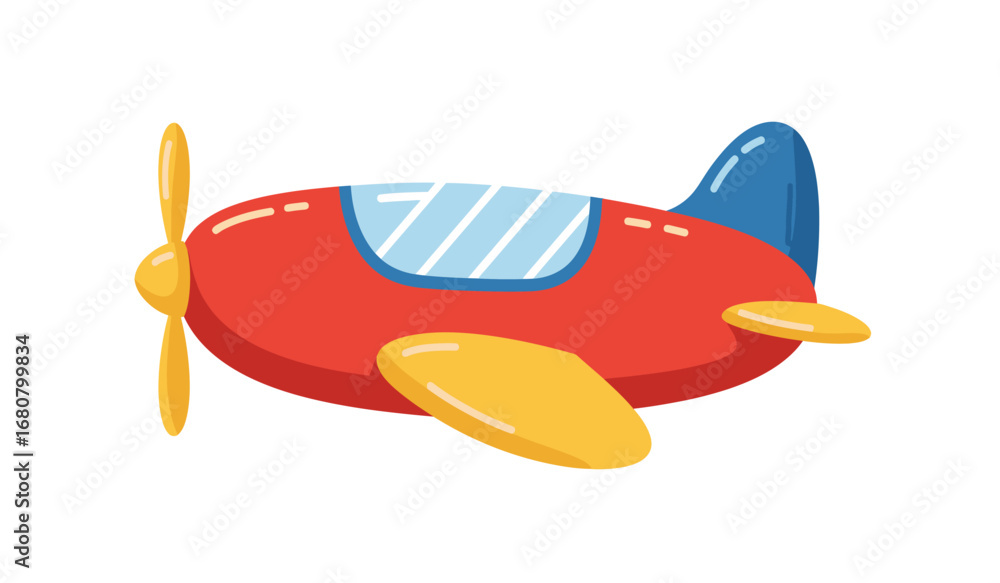 Fototapeta premium A whimsical cartoon illustration of a bright red propeller airplane with yellow wings and a blue tail perfect for children s themes and aviation concepts