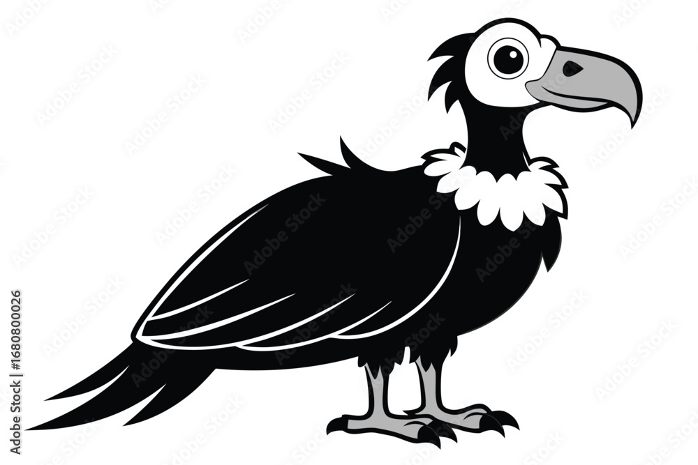 Fototapeta premium Cartoon vulture with black body and white neck feathers stands isolated on white