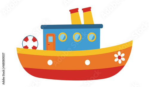 Colorful cartoon tugboat with fun details like a life preserver and flower perfect for children s illustrations and nautical themes