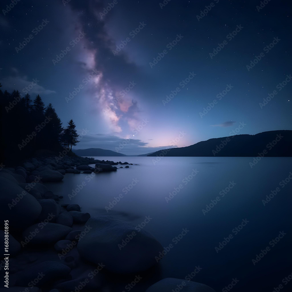 Fototapeta premium Candid photography of the Milky Way stretching above a serene lake, with soft twilight glow reflecting off still water and silhouetted hills.