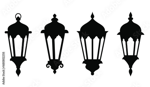 Four ornate black silhouette islamic lanterns with detailed decorative elements displayed in a row against a clean white background