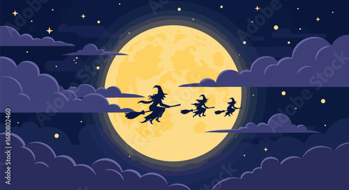 Silhouette of Witches Flying on Broomsticks Across a Full Moon at Night