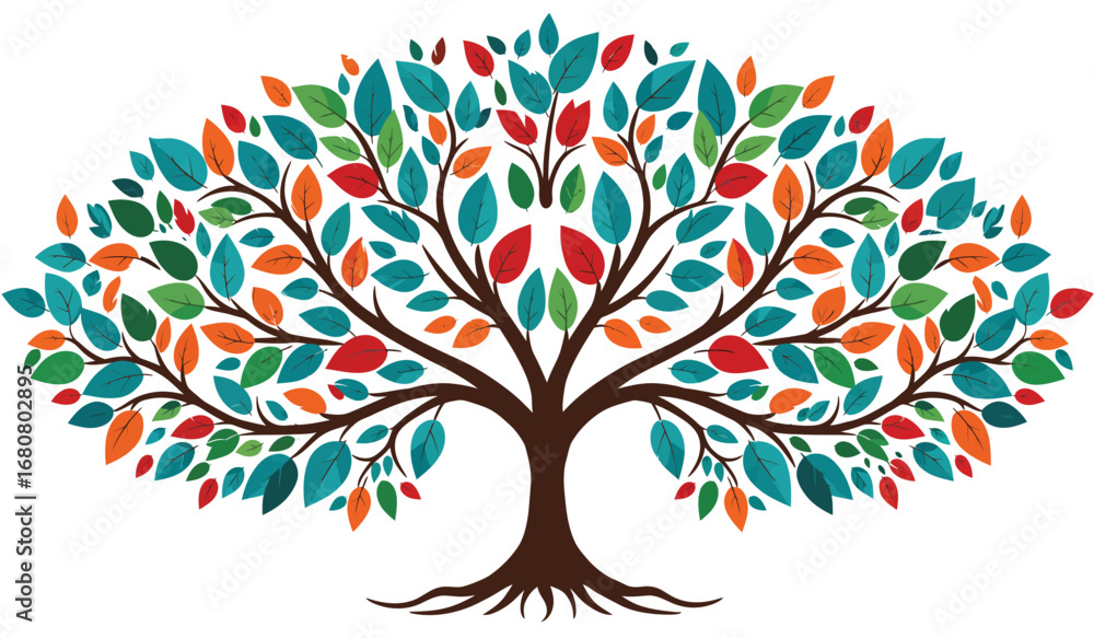 Obraz premium Vibrant abstract illustration of a stylized tree with colorful leaves in shades of green blue orange and red symbolizing growth life and nature