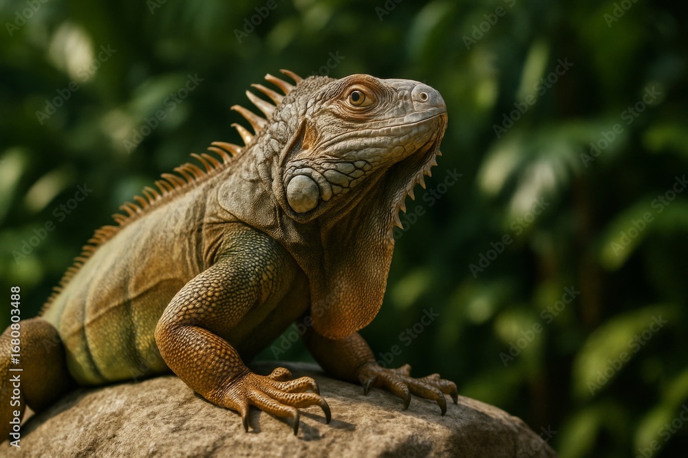Obraz premium Close-up of iguana resting on rock with lush green jungle in background and natural sunlight highlighting its textured skin and spines. Ai generative