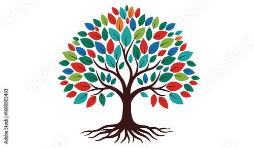 Vibrant abstract tree with colorful mosaic leaves and strong roots symbolizing growth nature and interconnectedness against a clean white background