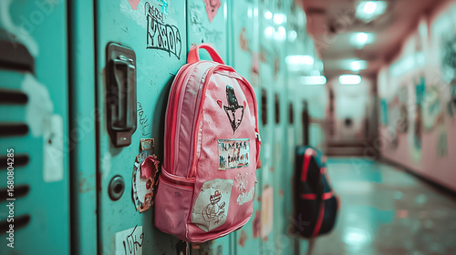Pink Backpack Hanging on Teal School Locker Adorned with Stickers in Long Hallway Detailed Shot