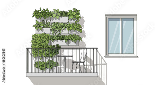 Charming balcony with a lush green vertical garden and minimalist furniture