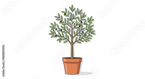 Charming potted olive tree illustration against a plain backdrop scene