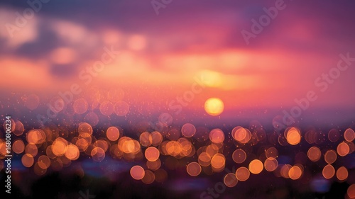 Dreamy sunset sky with bokeh effect. AI image
