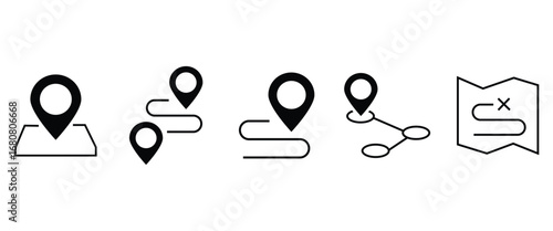 “Map Pin Location Icons Set with Route Path and Navigation Markers – Modern Place Address and Destination Pointer Symbol”
