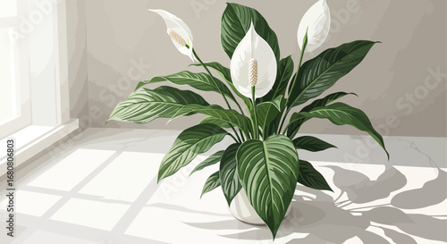 Elegant peace lily illustration in bright room with window shadows