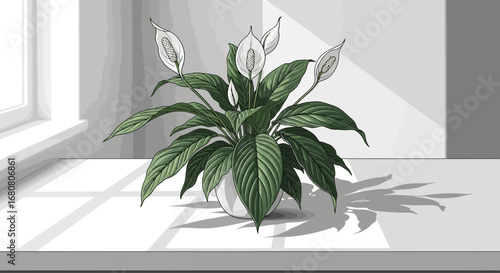Elegant peace lily in a pot by the window, modern minimalist style