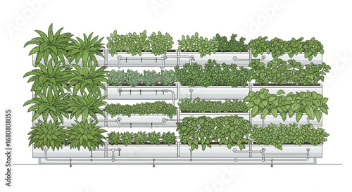 Lush Vertical Garden Display with Diverse Plant Varieties in White Planters