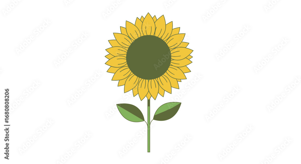 Fototapeta premium Minimalist Sunflower Illustration with Green Stem and Leaves on White