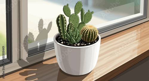 Potted Cactus Garden on Window Sill, Decorative Indoor Succulents
