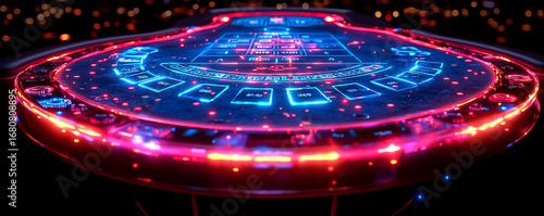 Casino Gaming Table Illuminated with Red and Blue Neon Lights in a Dimly Lit Environment with an Out Of Focus