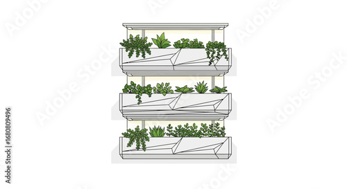 Vertical garden with potted greenery inside geometrical shaped planters