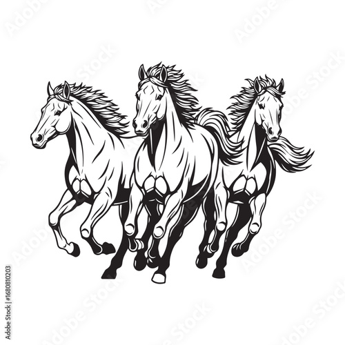Three powerful horses galloping forward in a dynamic and energetic race illustration.