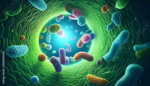 3D Illustration of Harmful Bacteria Floating in Degraded Intestinal Environment.