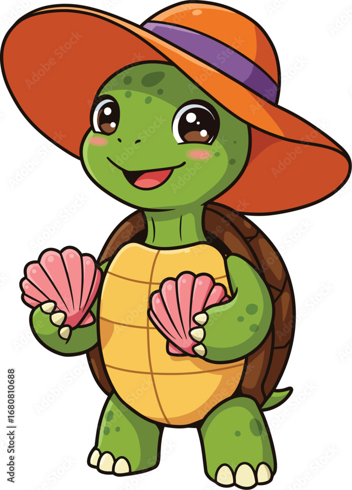 Fototapeta premium Cute Cartoon Turtle Wearing Summer Hat Holding Seashells for Beach and Holiday Illustration