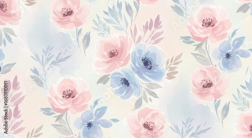 Watercolor floral pattern pink and blue flowers.