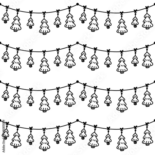 pattern of holiday garland with Christmas trees doodle on string. Hand-drawn. Tied with bow. Black outline on white. Seamless texture for holidays. Christmas, New Year, birthday, and other holidays