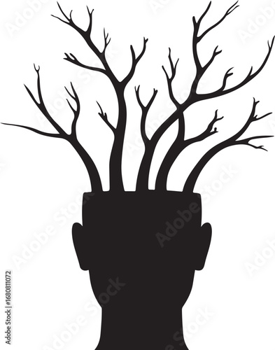 Black silhouette of a human head with bare tree branches growing from the top growth