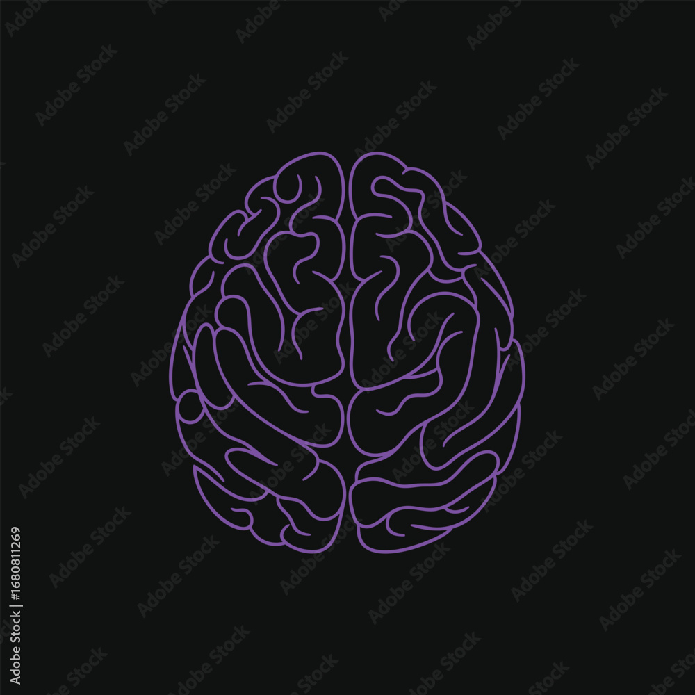 Obraz premium Abstract illustration of a human brain in purple lines on a black background, representing creativity and intelligence