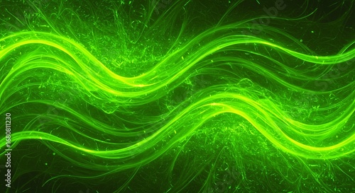 An abstract depiction of undulating energy, rendered in vibrant neon green hues against a dark background, embodies a sense of dynamism and unseen power.