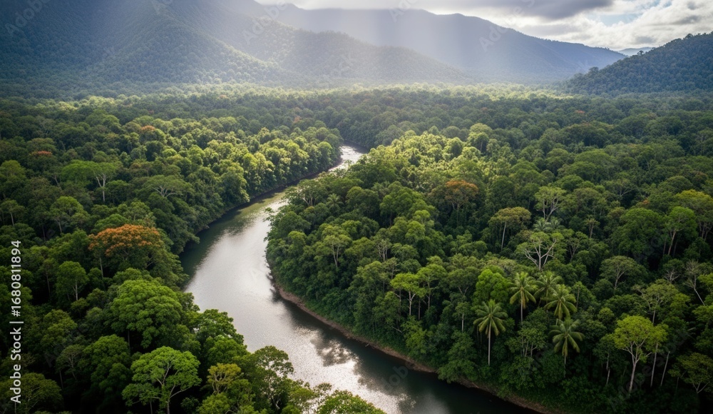 Fototapeta premium Aerial view of winding river through lush forest