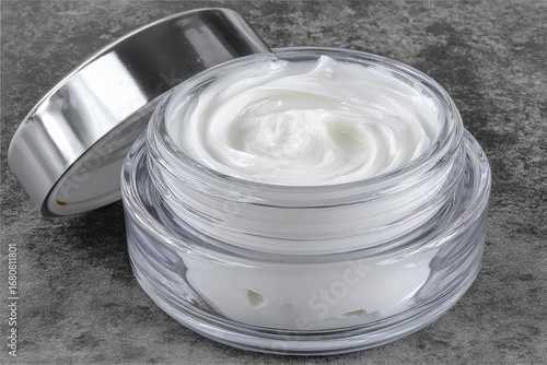 Creamy facial moisturizer in clear jar, lid open, on a gray stone surface