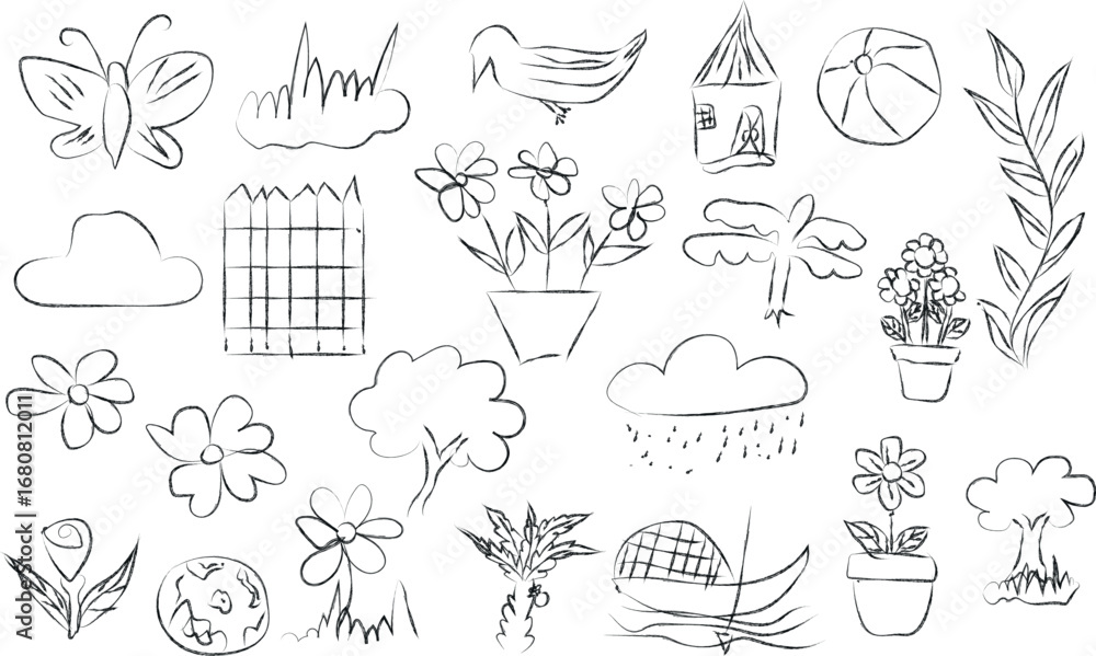 Obraz premium Whimsical Hand-Drawn Nature Elements Vector Set A Collection of Doodle Style Illustrations Featuring Plants, Animals, and Outdoor Scenes