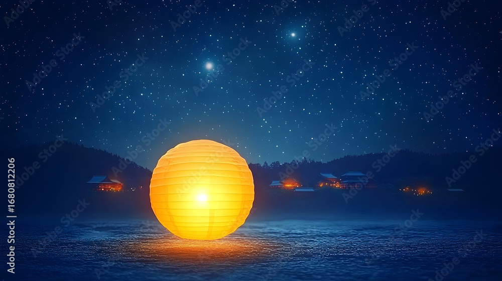 Fototapeta premium Glowing Lantern Under Starry Night Sky Over Frozen Landscape