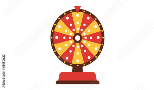 A vibrant and colorful spinning wheel of fortune with bright lights and a red base perfect for games of chance and prize giveaways