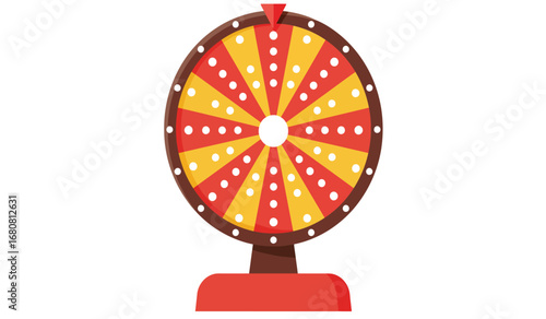 Vibrant spinning wheel of fortune with colorful segments and bright lights perfect for games of chance and prize giveaways on a white background