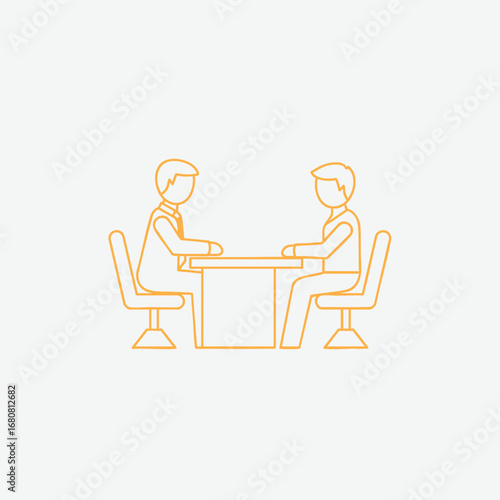 Two people engaged in a focused discussion at a table, with a minimalist background emphasizing collaboration