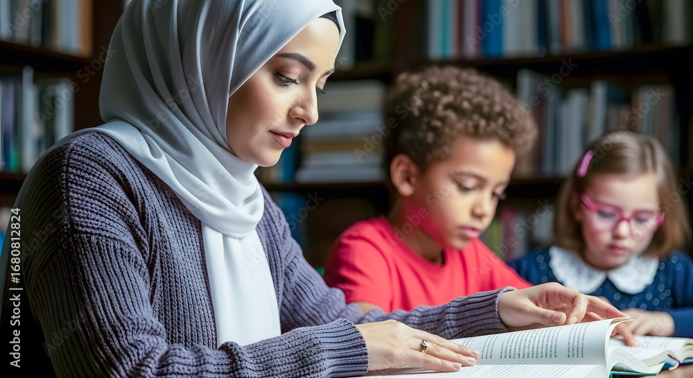 Obraz premium Muslim woman teaches diverse children reading in library, fostering education