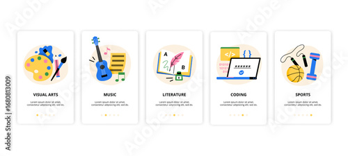 A vector illustration of school subjects and education. Includes arts, music, literature, coding, and sports. Perfect for learning apps and creative teaching designs.