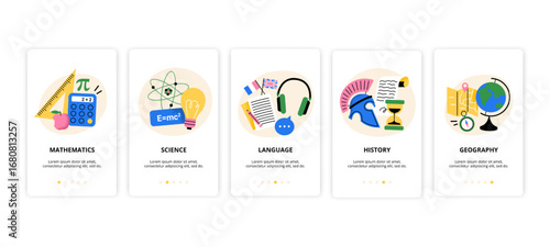 A vector illustration of school subjects and education. Includes math, science, languages, history, and geography. Perfect for learning apps and creative teaching designs.