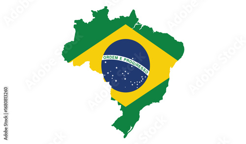 Map outline of brazil filled with the vibrant colors and iconic design of the brazilian national flag